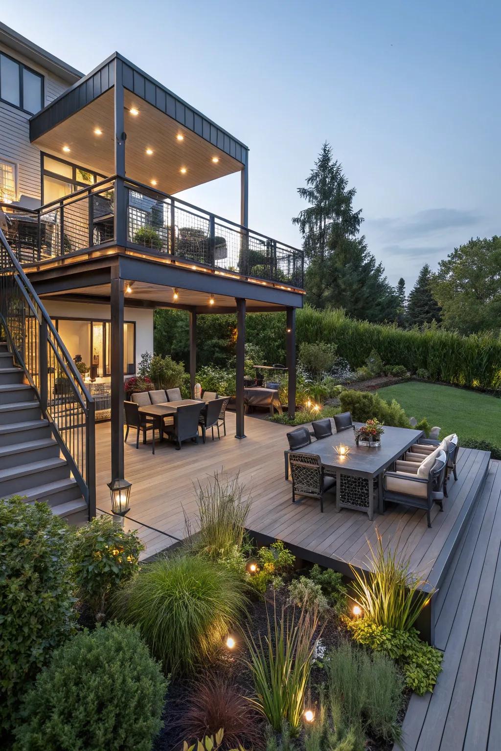 Multi-level decking adds dimension and functionality.
