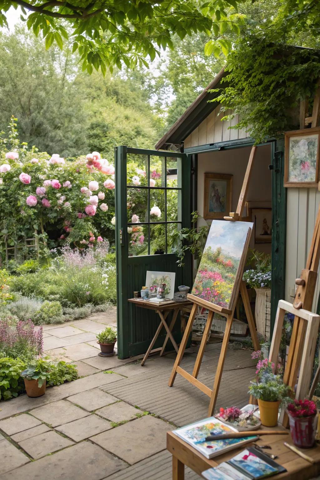 An inspiring art studio nestled in a vibrant garden setting.