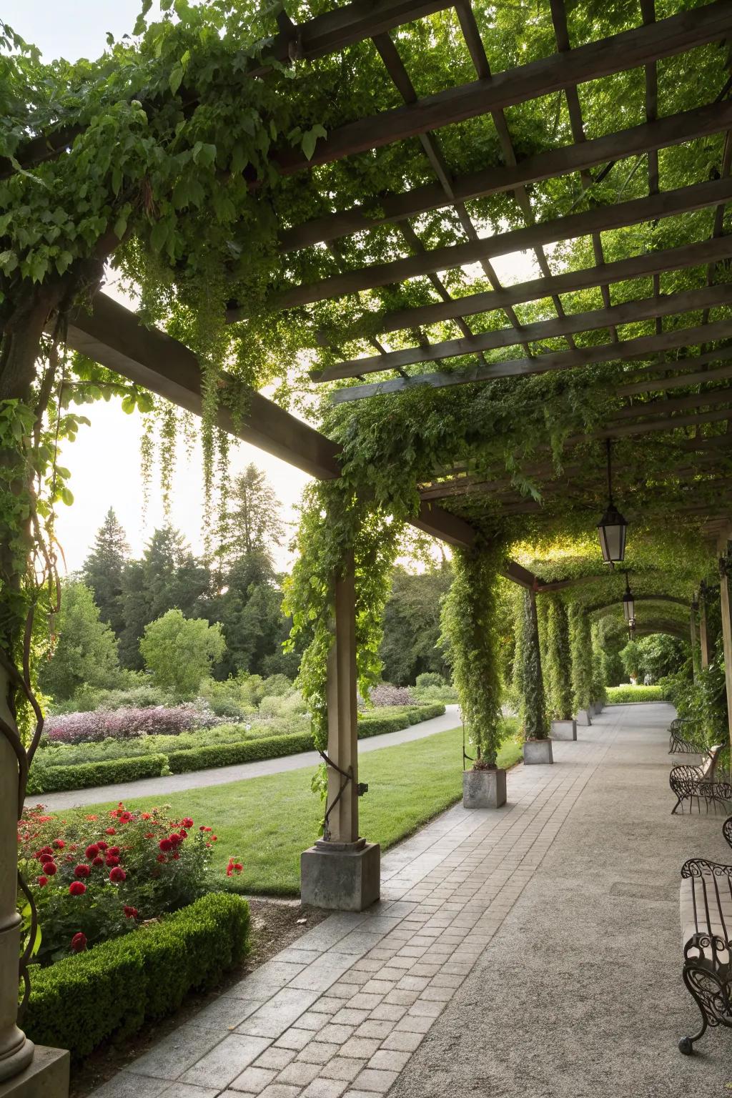 A pergola-style arbor provides shade and transforms gardens into outdoor retreats.
