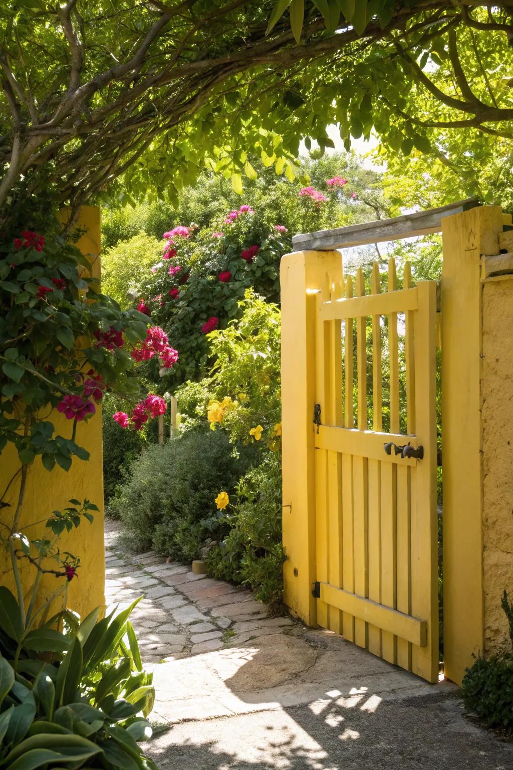 A sunny yellow gate offers a cheerful and inviting welcome.