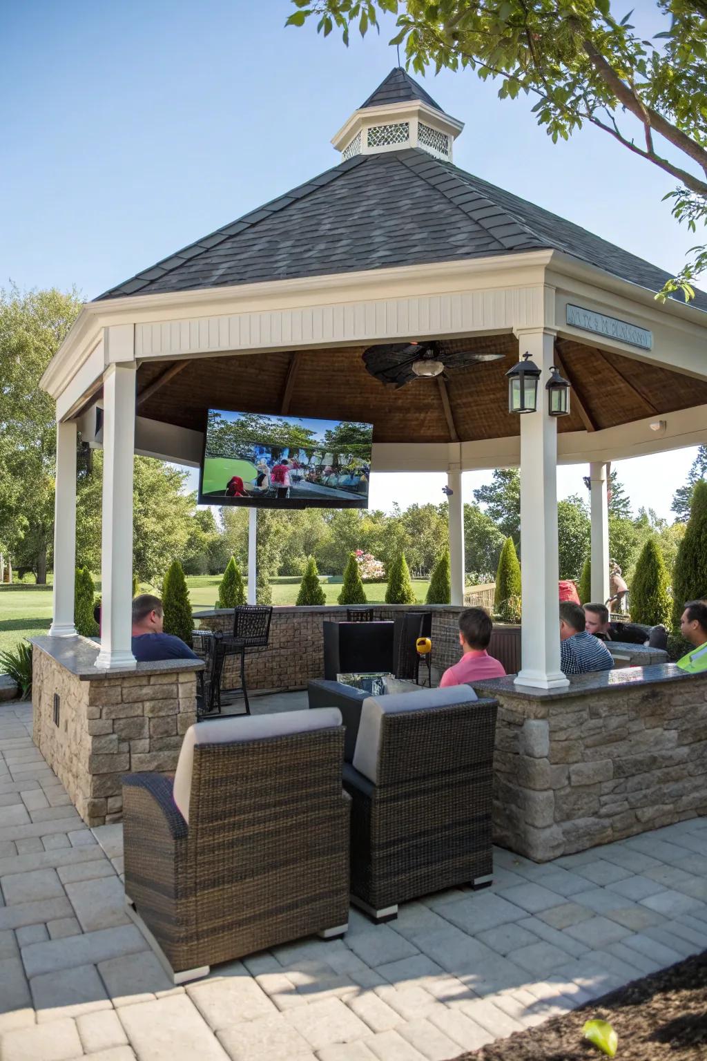 An outdoor sports bar in a gazebo perfect for game nights with friends.