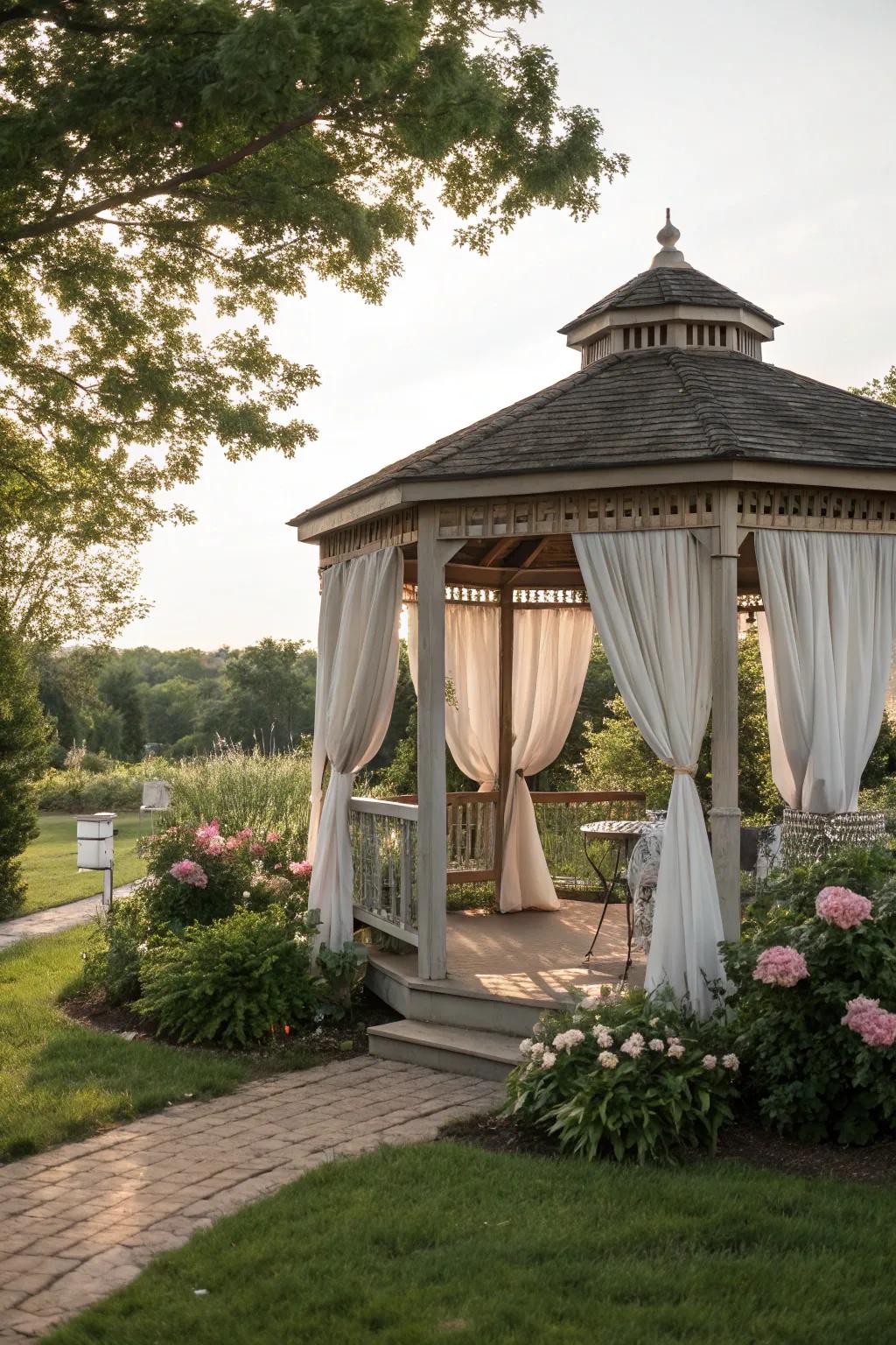Combine shade and privacy with drapes in your gazebo.