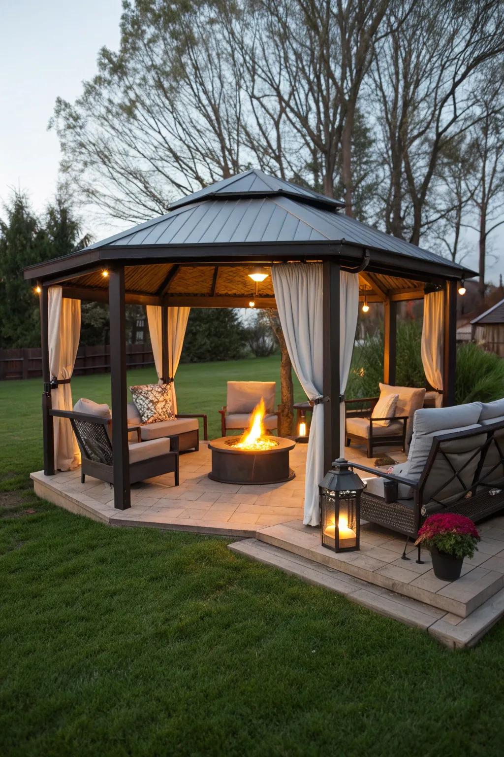 Warm up your evenings with a gazebo featuring a cozy fire pit.