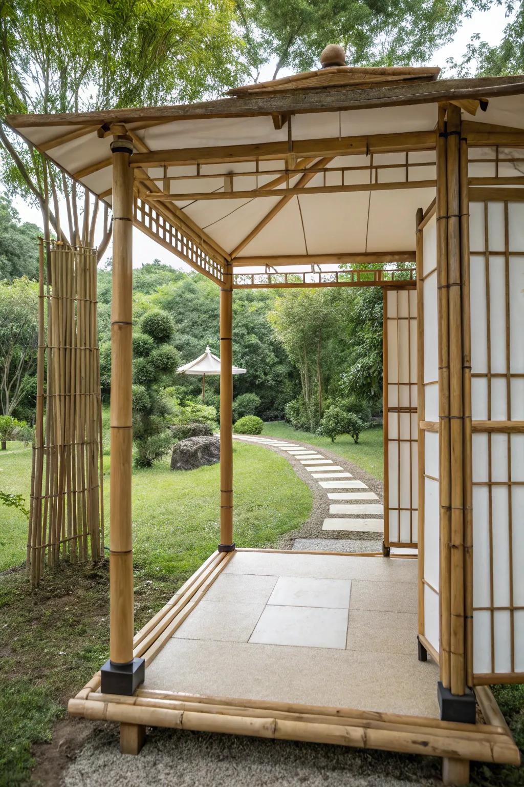 A Zen-style gazebo featuring bamboo and minimalist aesthetics.