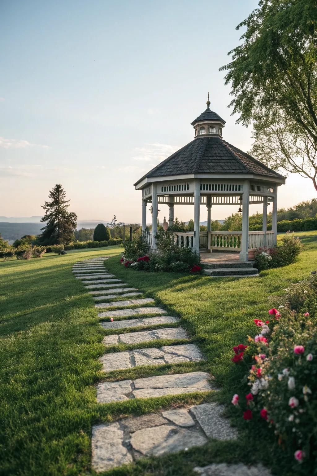 A stone path adds a whimsical touch, guiding visitors to the gazebo.