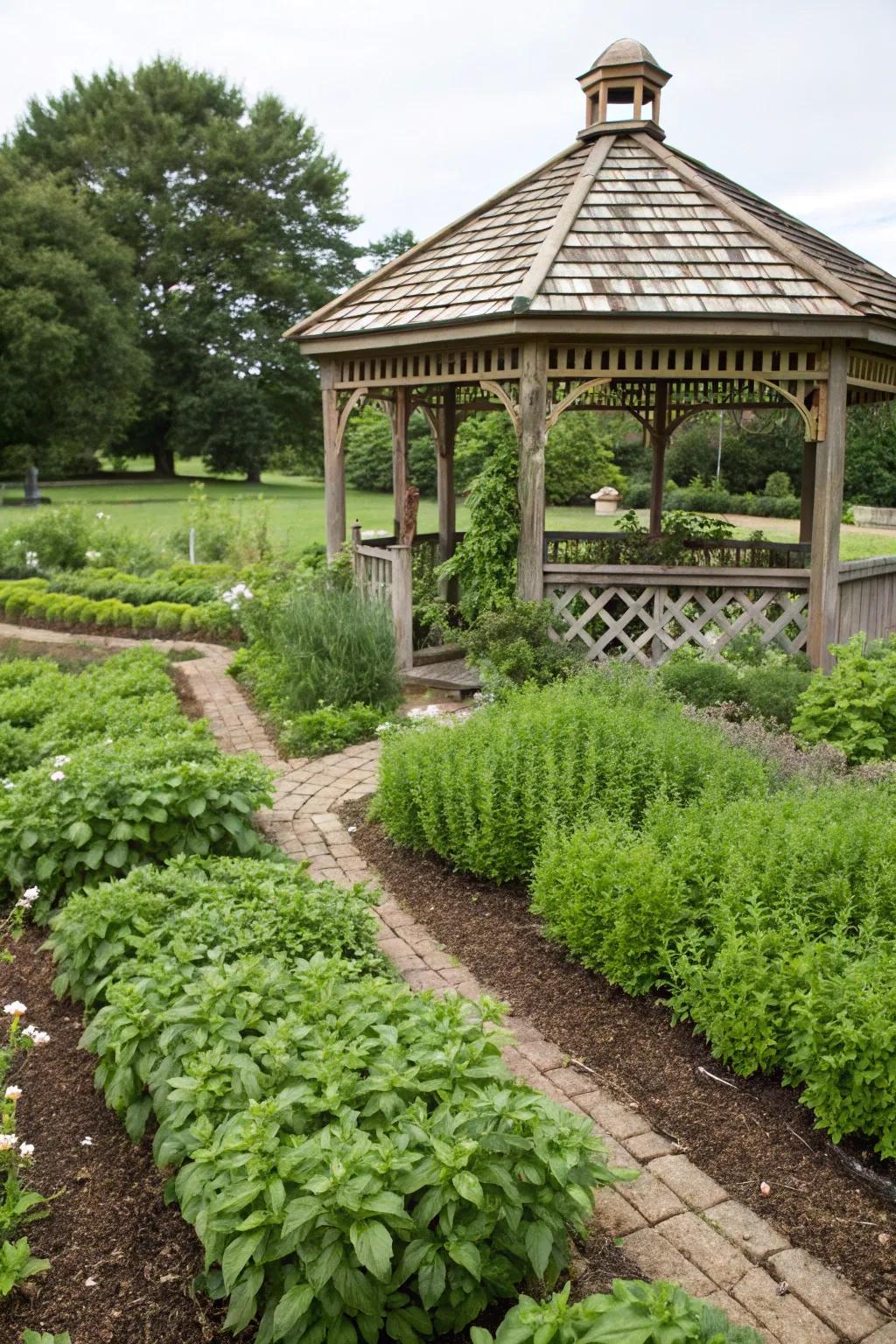 A thriving herb garden transforms this gazebo into a culinary retreat.