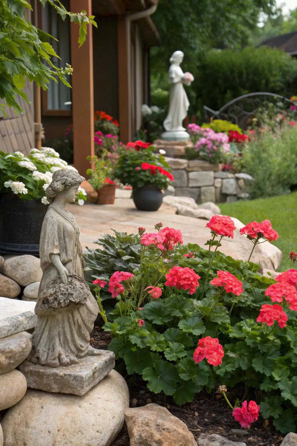 A whimsical garden with geraniums and charming accessories.
