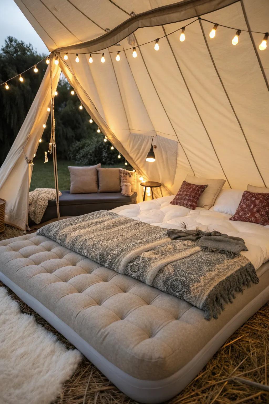 A plush air mattress ensures a restful night’s sleep under the stars.