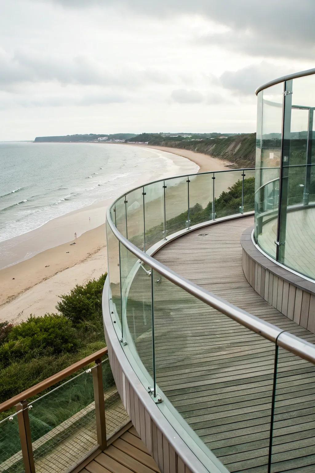 Curved glass railings create a dynamic and fluid design.