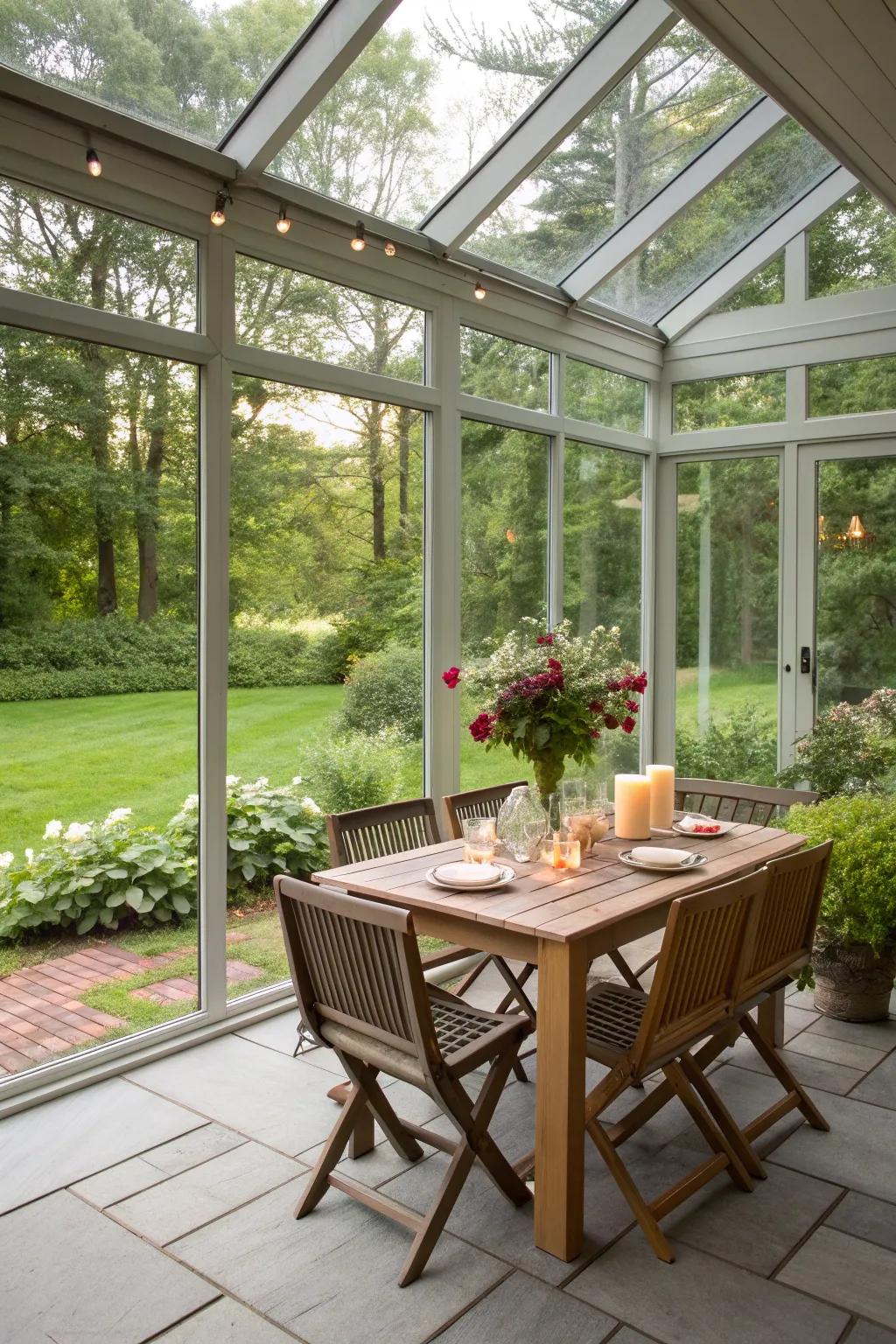 A dining area with a view, perfect for meals surrounded by nature.