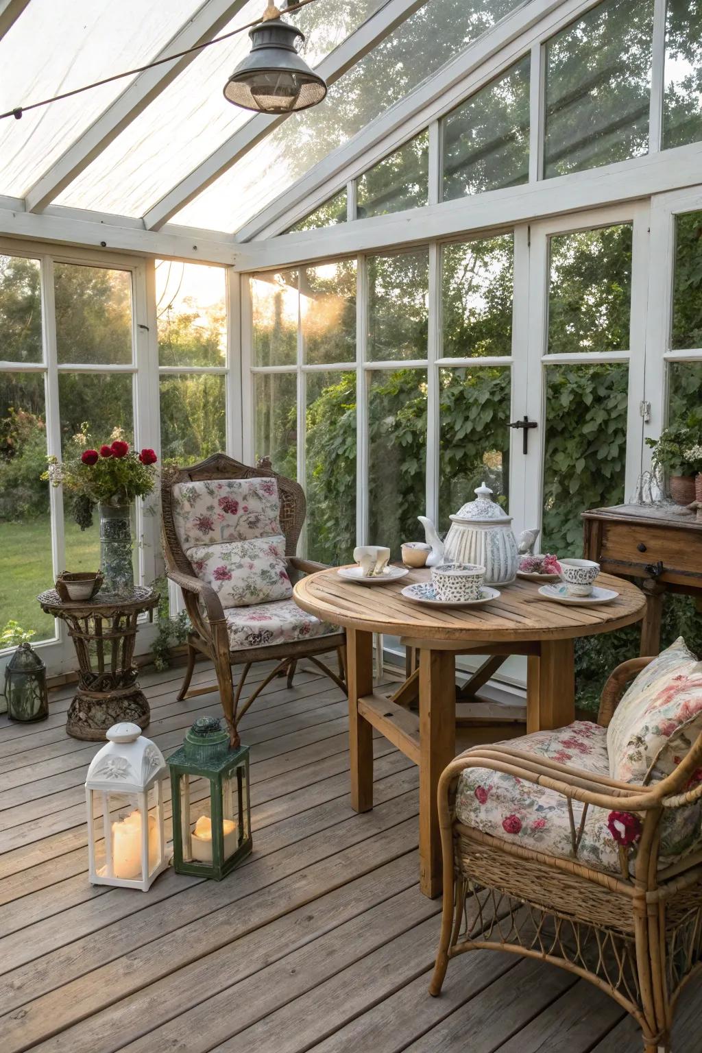 Charming rustic farmhouse vibes in a glass porch.