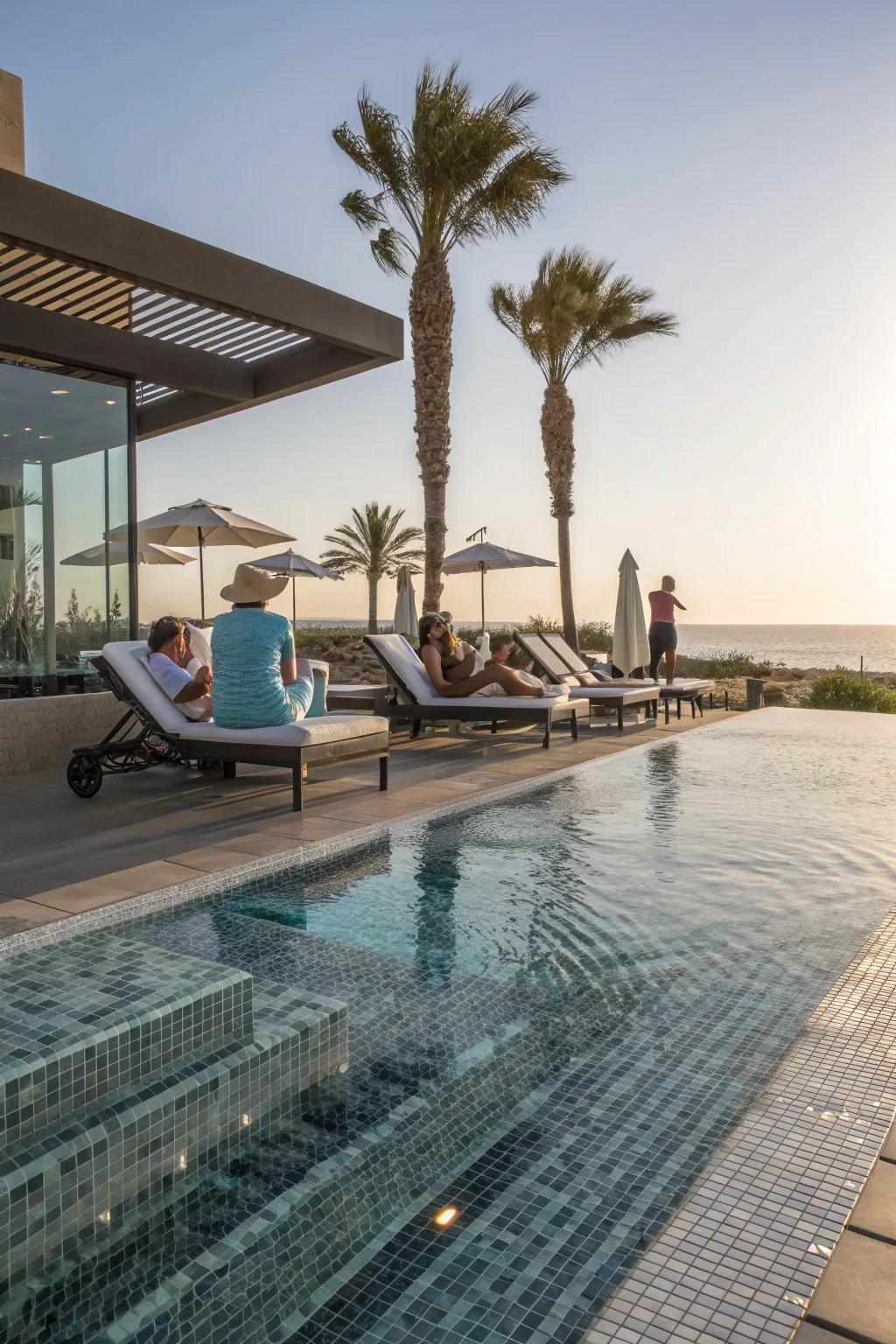 Glass tiles create a cohesive look from pool to deck.