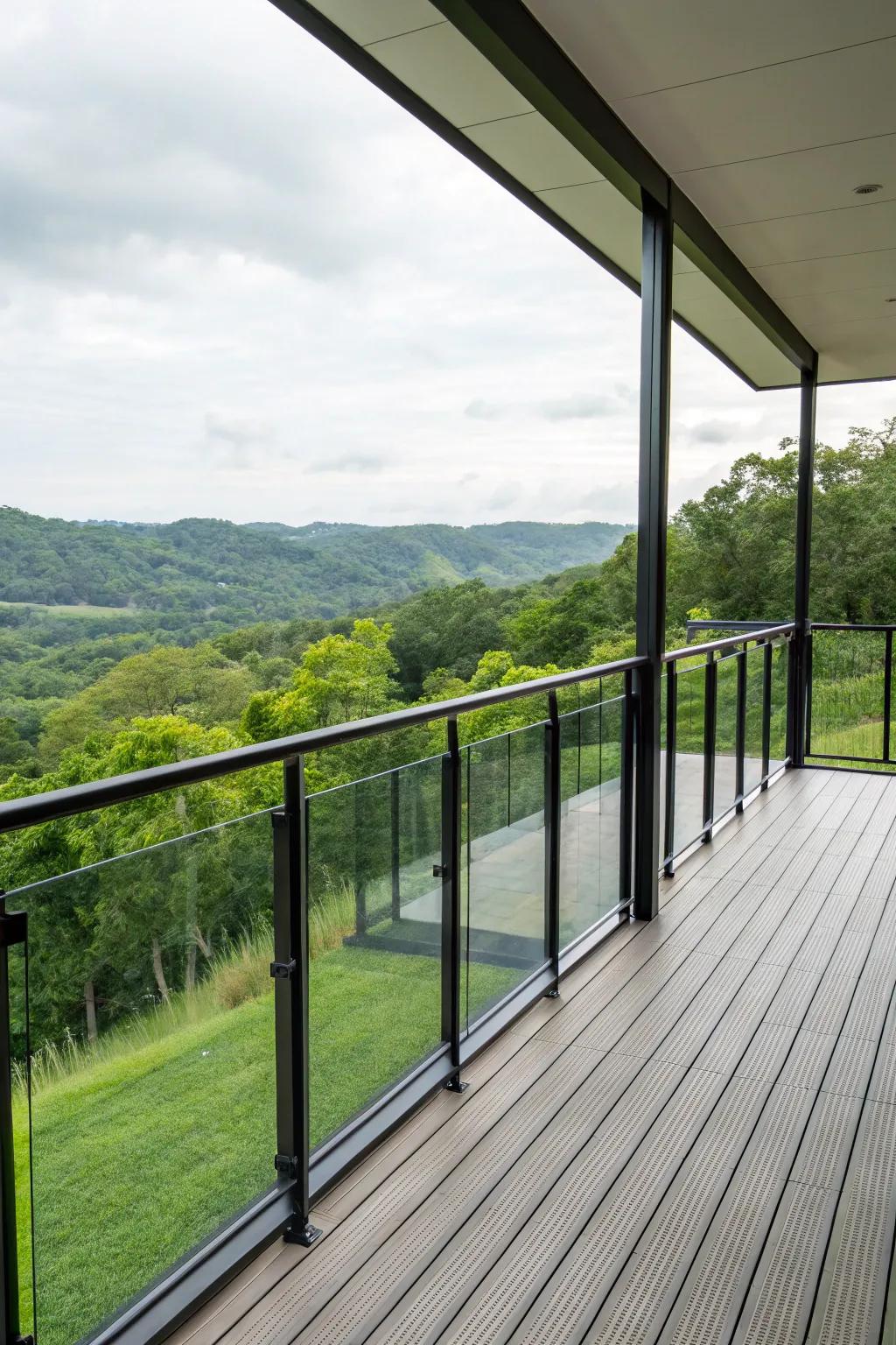 Black metal frames adding a bold touch to glass railings on a deck.