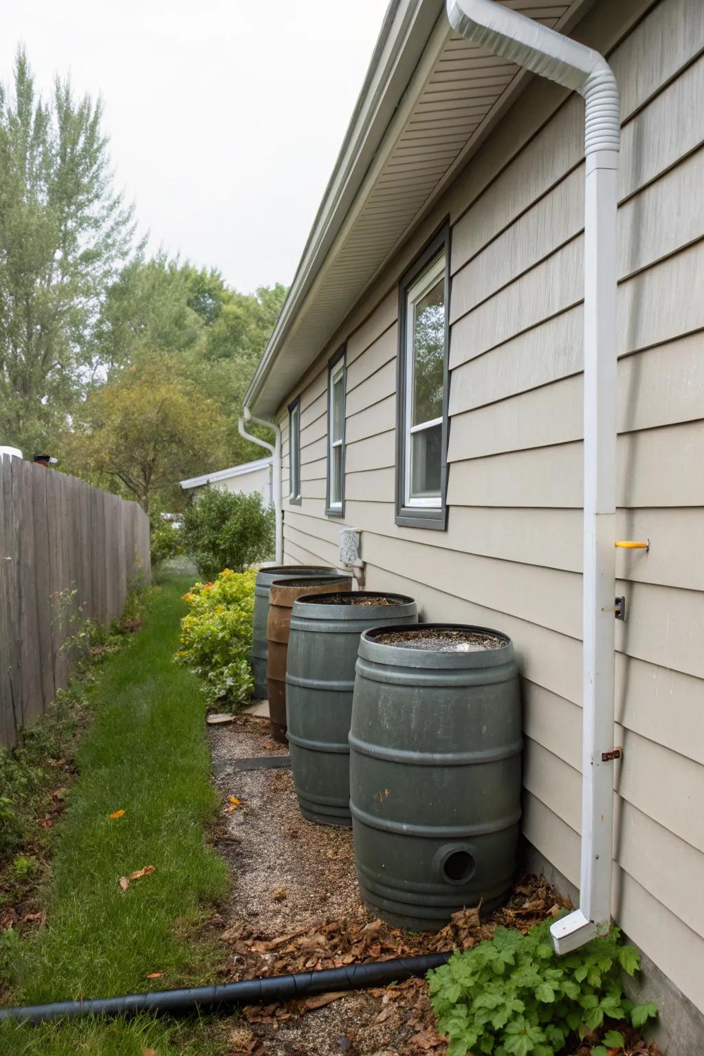 Rain barrels blending seamlessly with the home's architecture