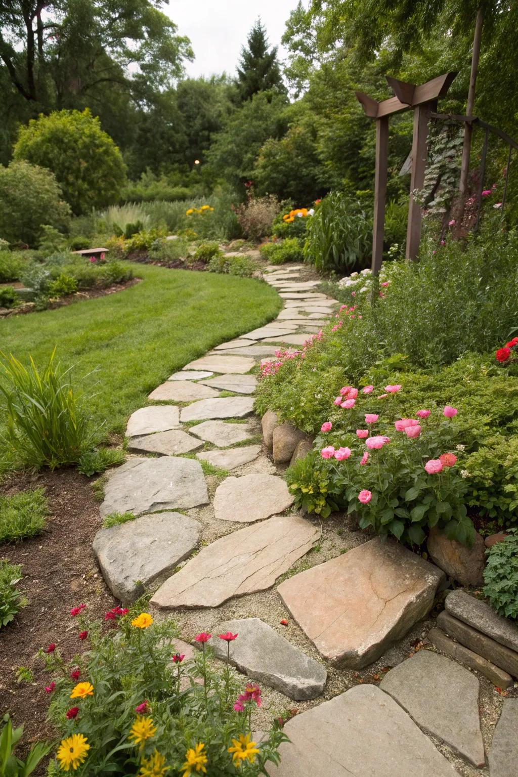 Natural stone adds rustic charm to garden pathways.
