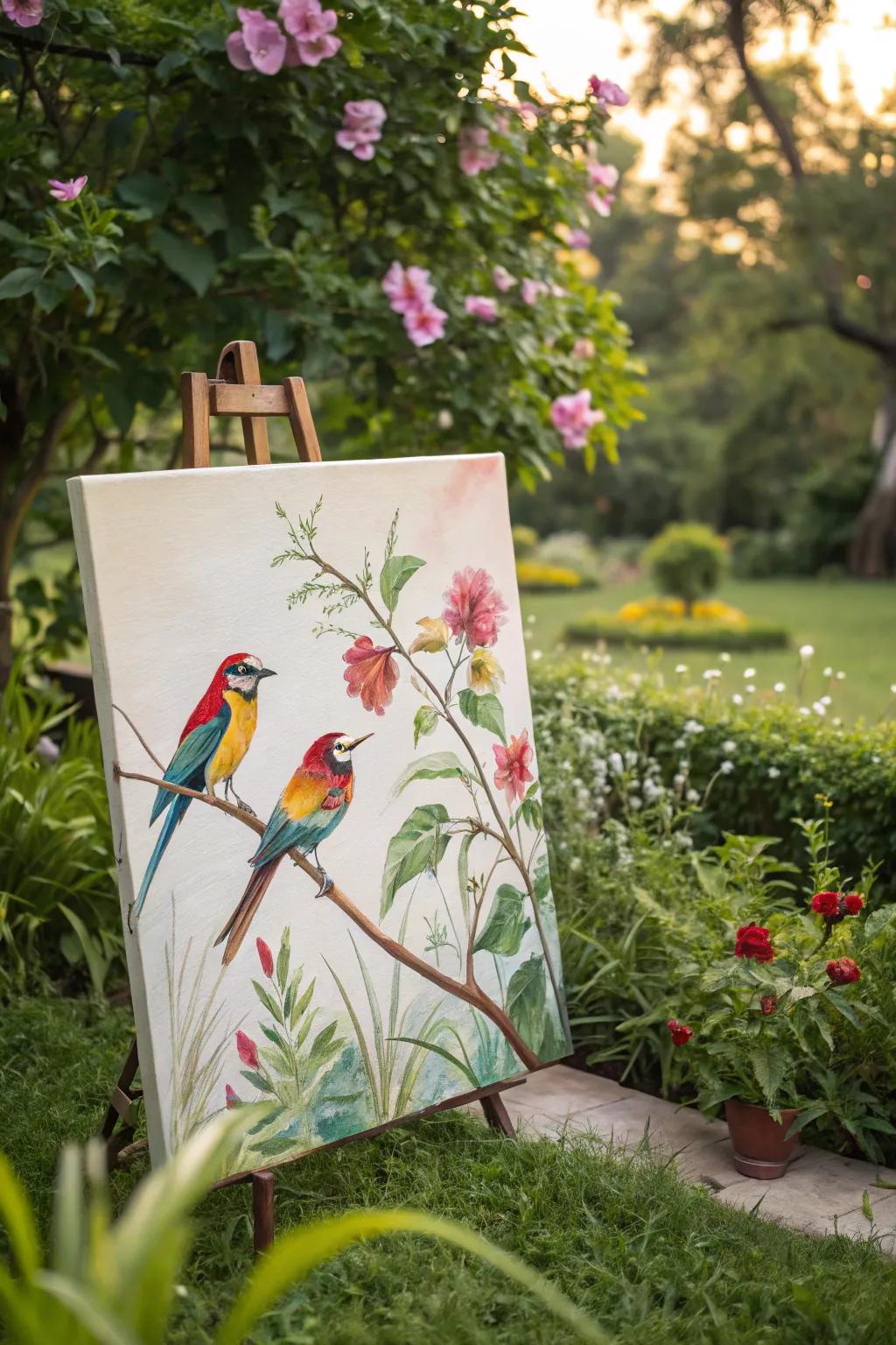Birds bring life and song to Grandma’s garden canvas.