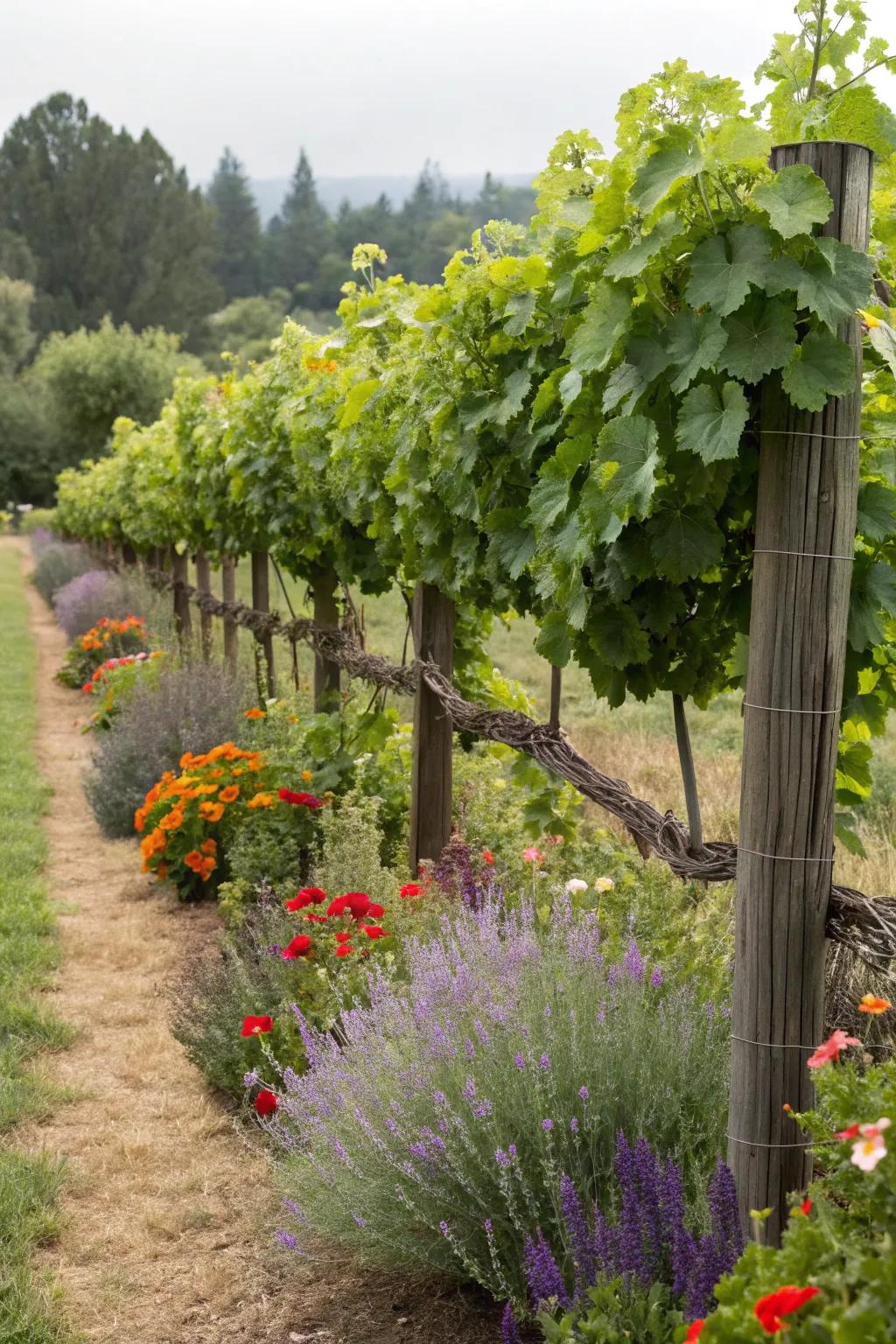 A harmonious garden oasis with grape vines and companion plants.