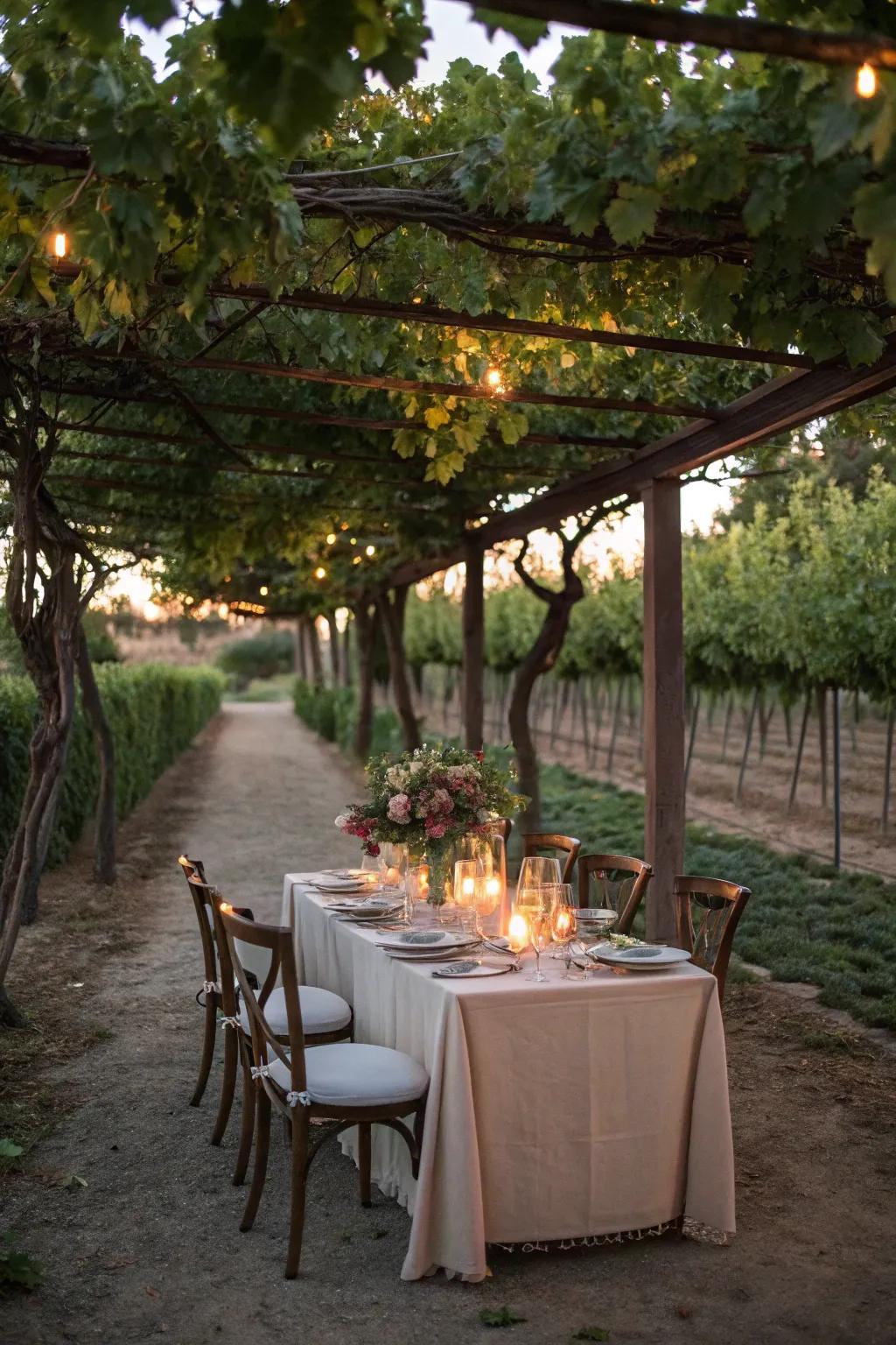 An inviting dining area under a grapevine pergola, perfect for entertaining.