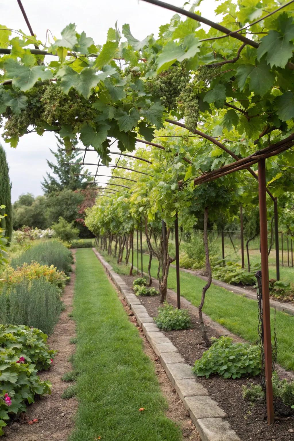 A backyard vineyard with organized rows of grapevines supported by trellises.