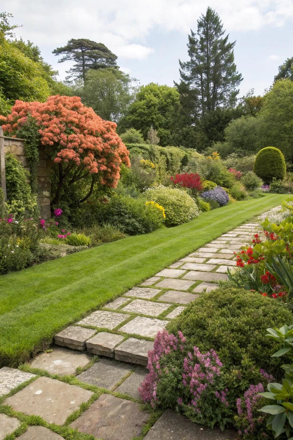Create visual interest with contrasting textures of grass and pavers.