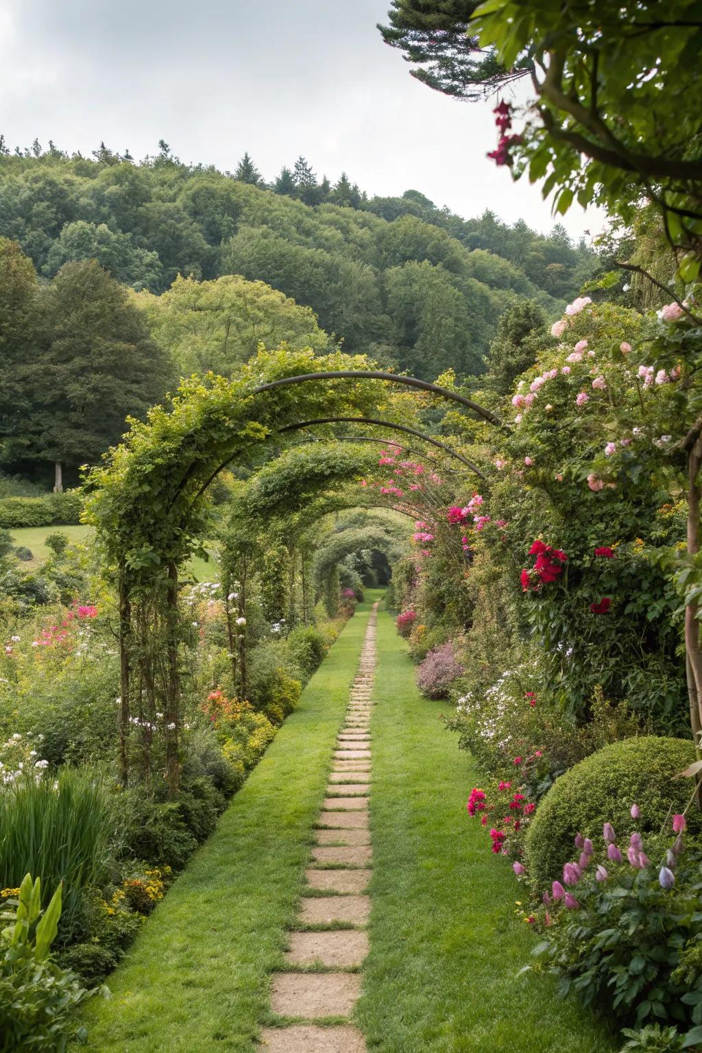 A grass walkway enveloped by lush greenery for a serene escape.