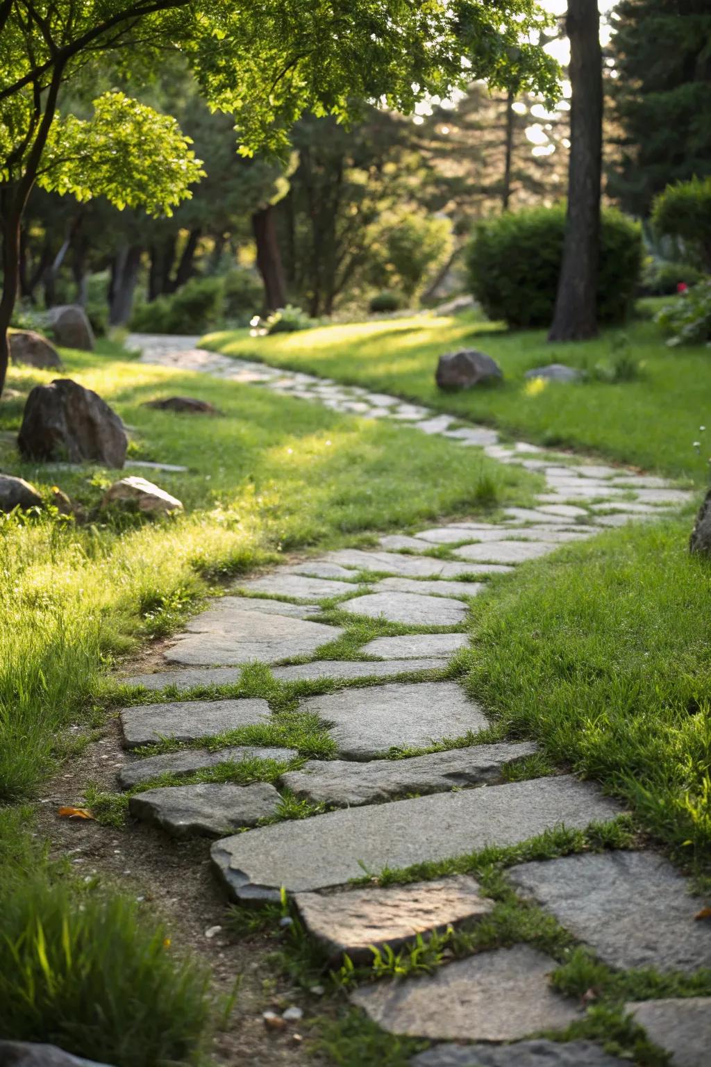 A garden path with natural grass seams between stones.