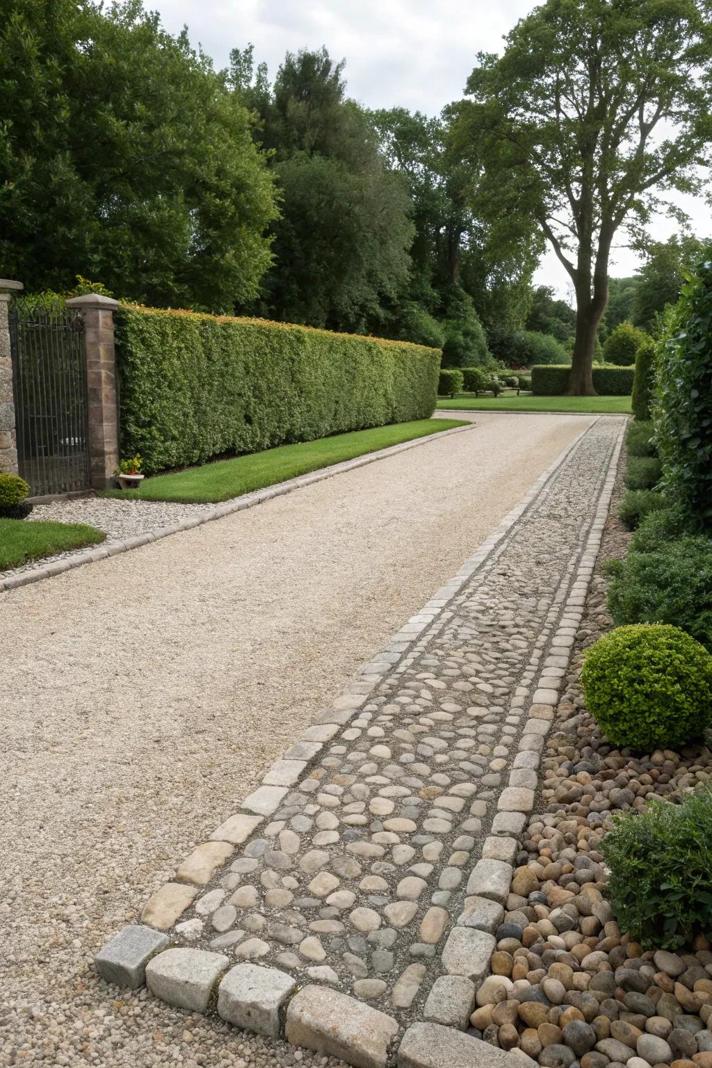 Cobblestone borders adding charm and practicality to a gravel driveway.