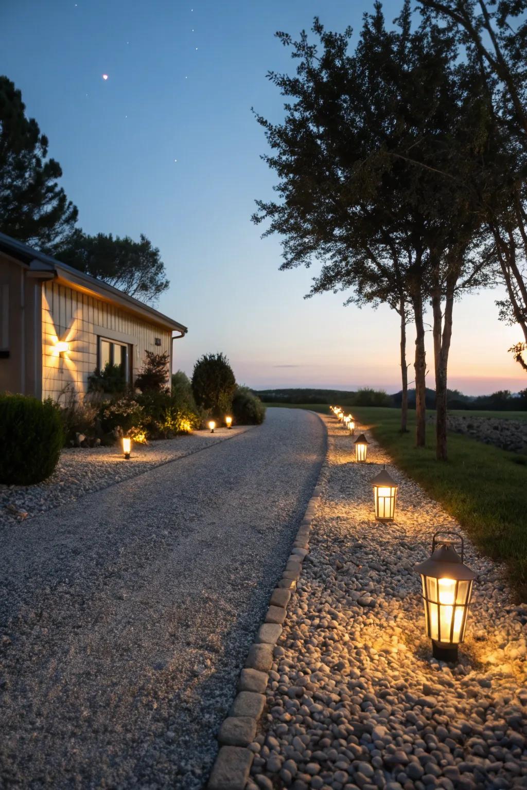 Pathway lighting enhances safety and ambiance.