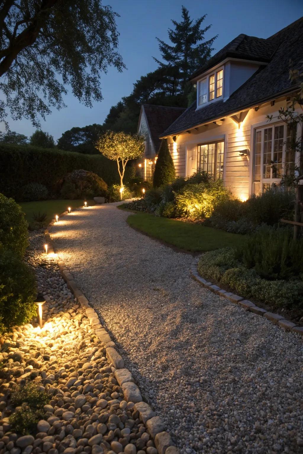 A gravel driveway elegantly lit with ground lights.