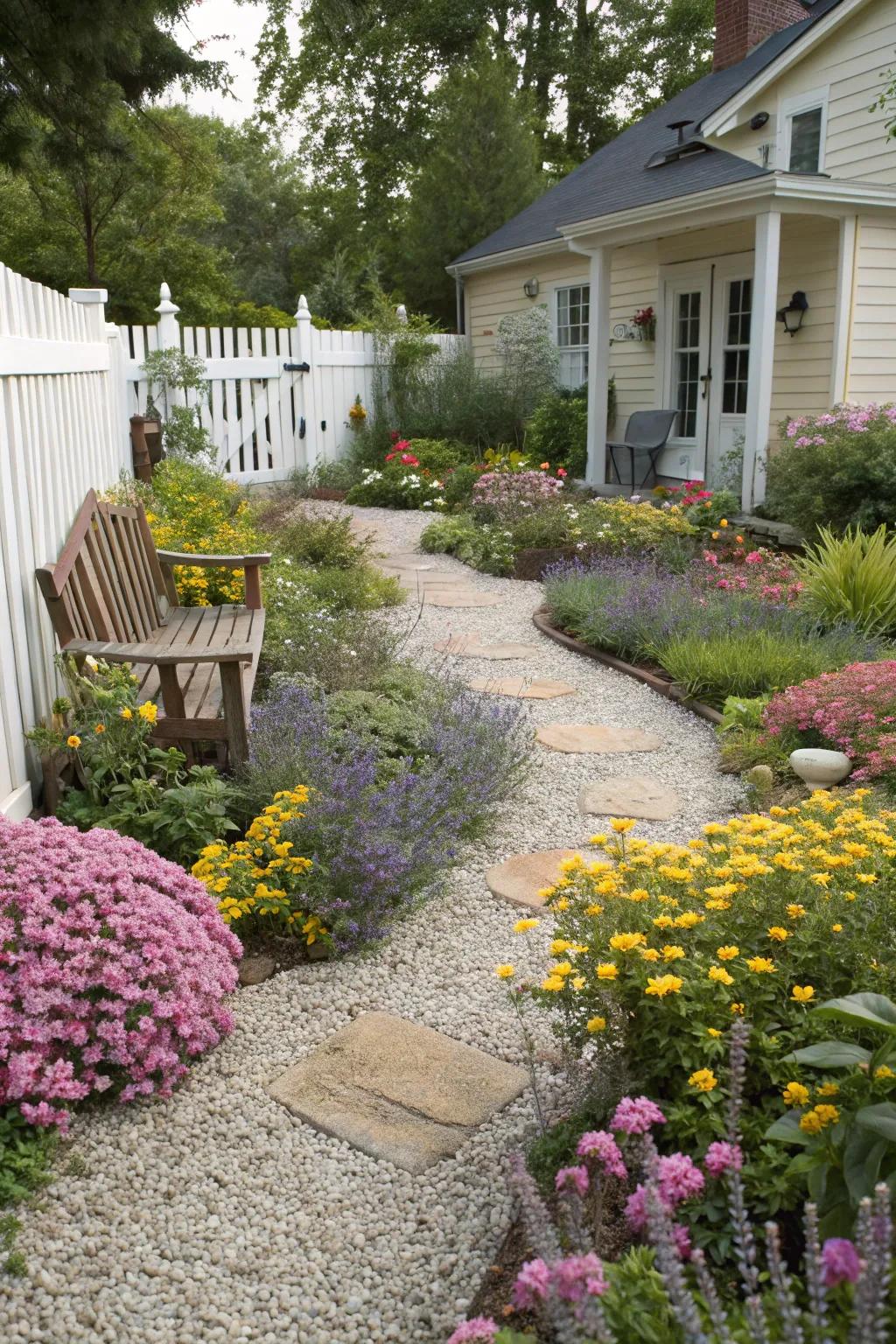 Colorful flowers add vibrancy to a gravel garden.