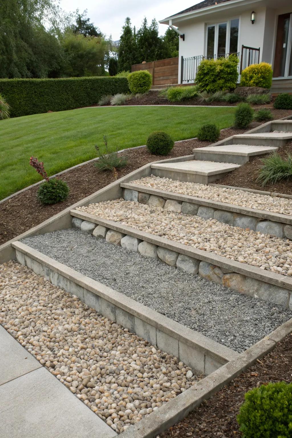 Create dimension with multi-level gravel landscaping.