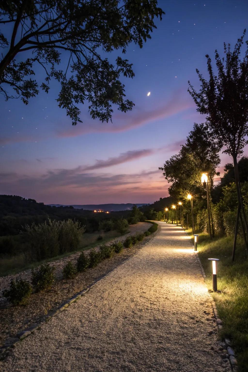 Soft lighting transforms this gravel path into a night-time spectacle.