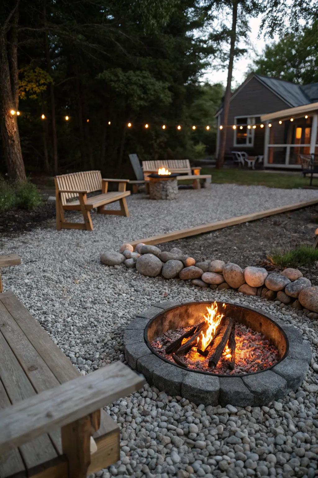 Gravel fire pit area perfect for evening gatherings.