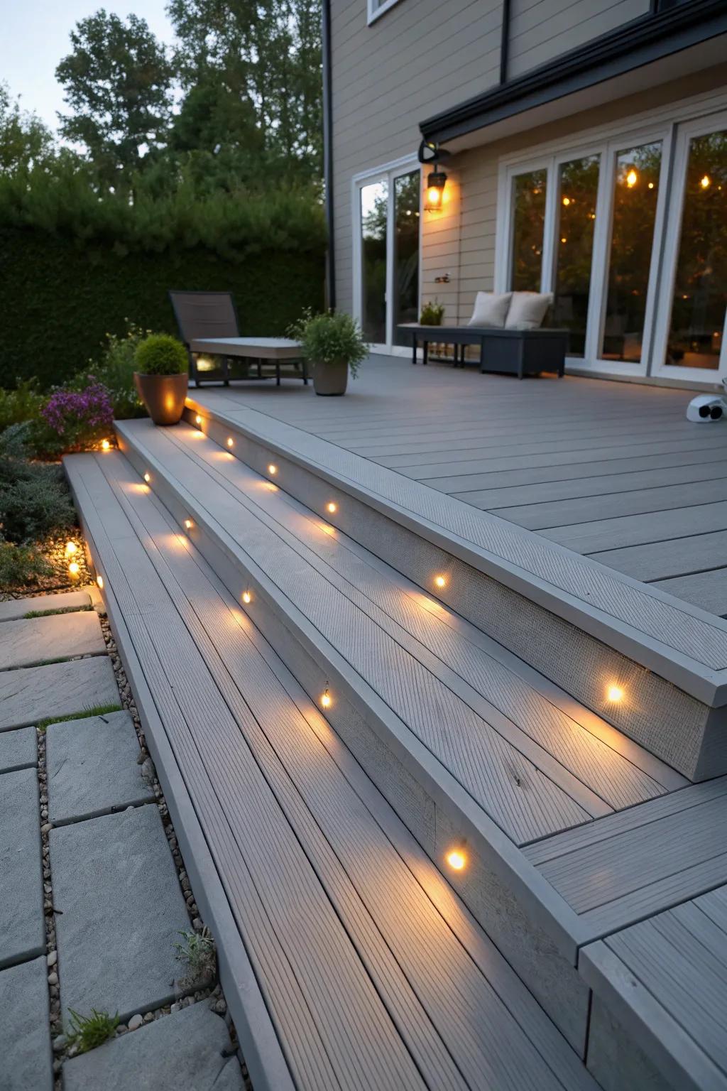 Enhance your deck with ambient lighting for a magical touch.