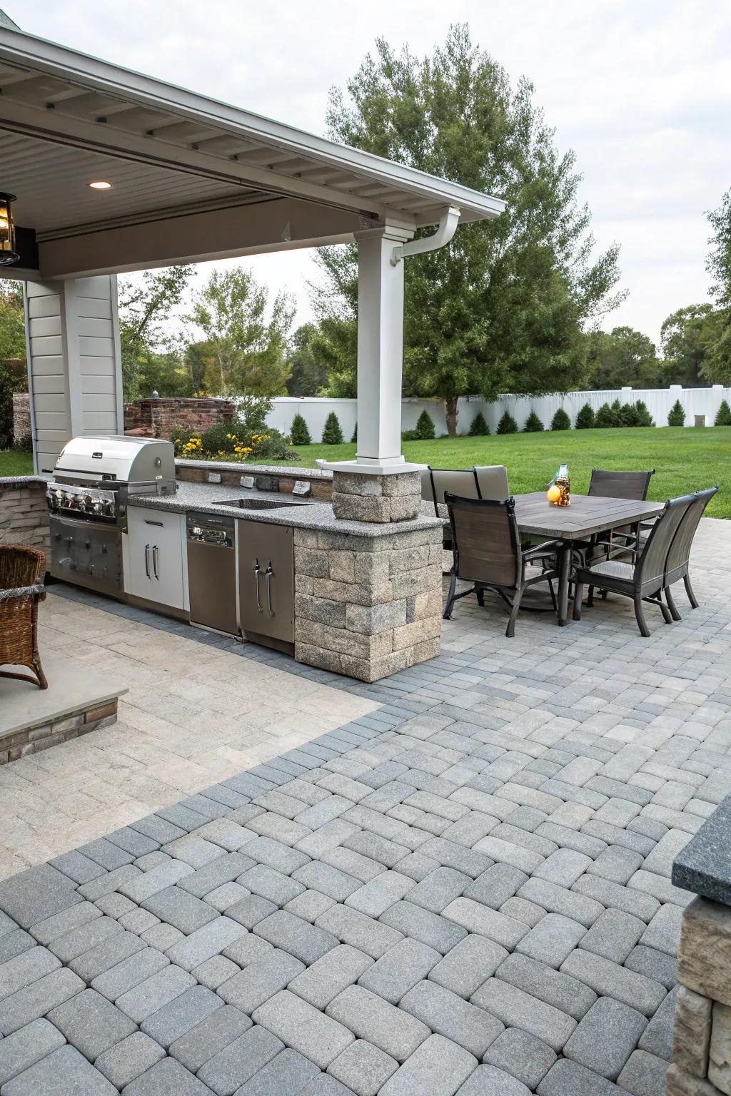 An outdoor kitchen turns a gray paver patio into a gourmet dining hub.