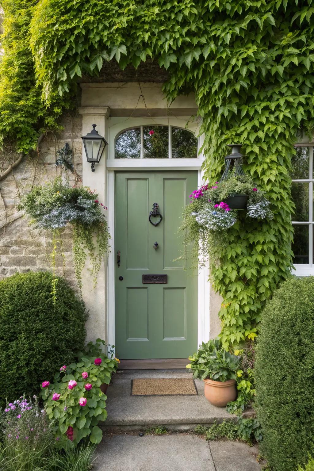 Moss green doors blend beautifully with natural surroundings.