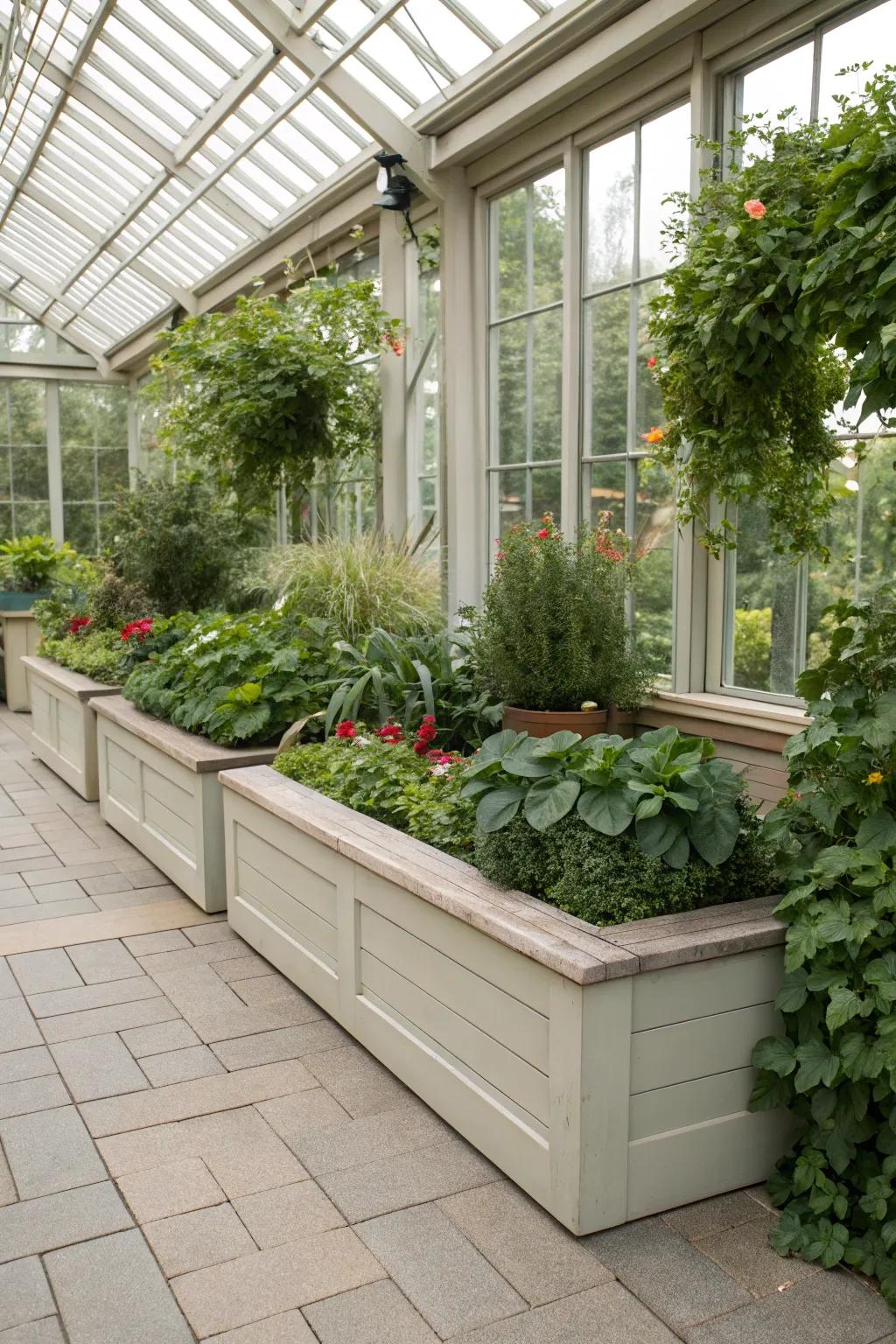 Relax and enjoy your plants with integrated seating.