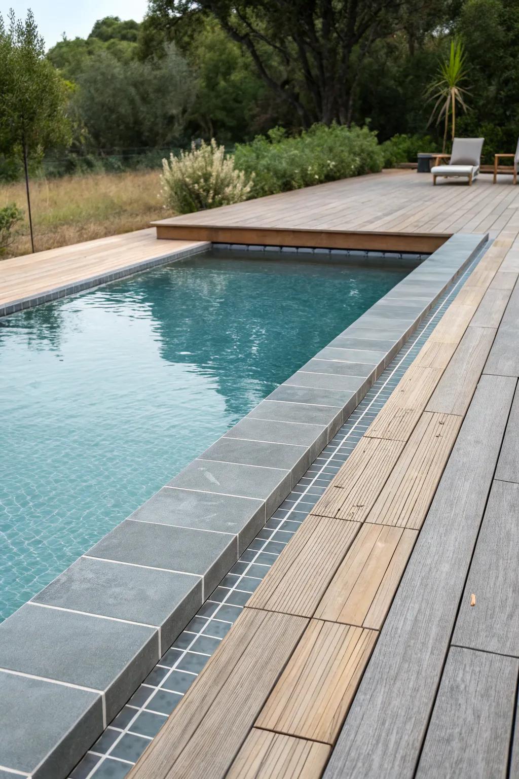 Harmony of grey tiles and wooden decking in pool design