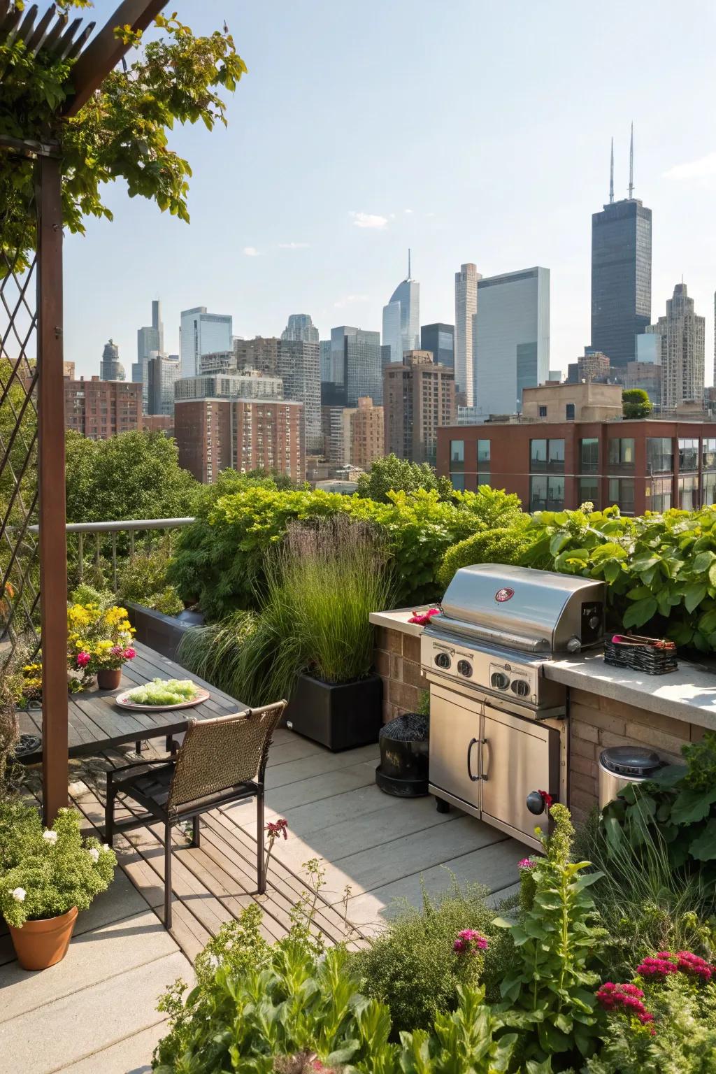 A rooftop grill station offering stunning cityscape views.