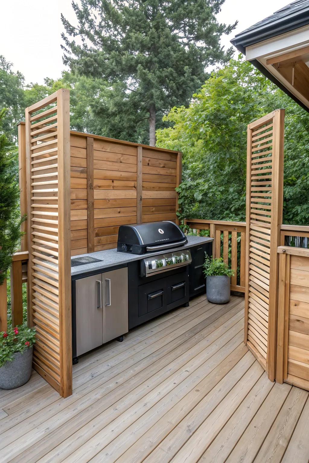 A private, cozy grilling nook created with stylish screens.