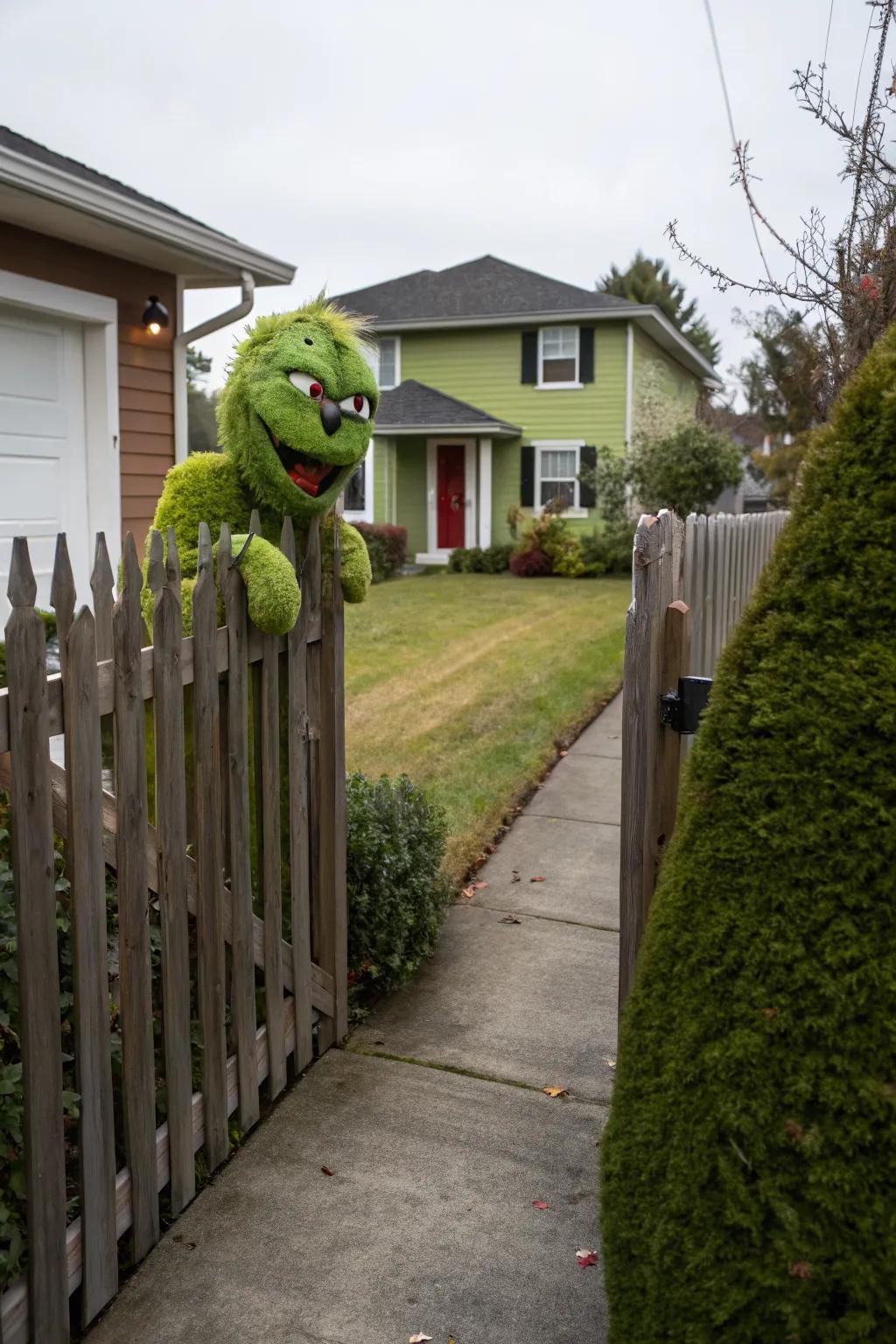 A fence peeker Grinch playfully spying over the yard fence.