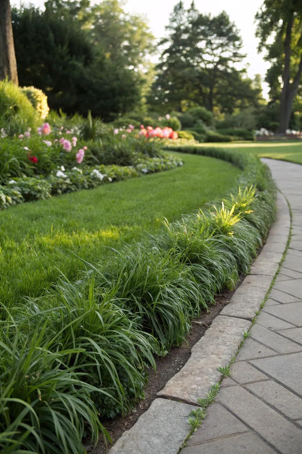 Garden border neatly lined with dwarf mondo grass for a tidy appearance