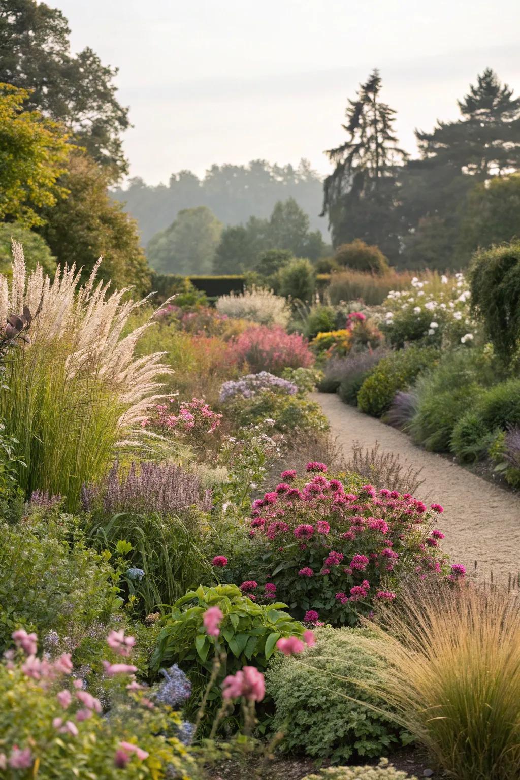 A vibrant mix of plants creating a dynamic and colorful garden scene.