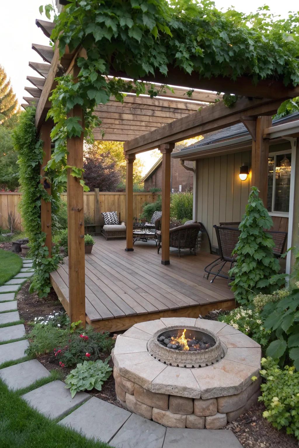 A pergola adds shade and style to the deck.