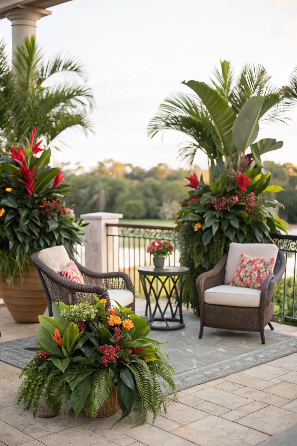 Hibiscus and tropical plants create a serene patio retreat.