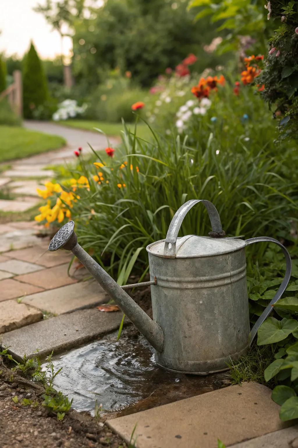 Repurposed watering cans add a quirky touch.