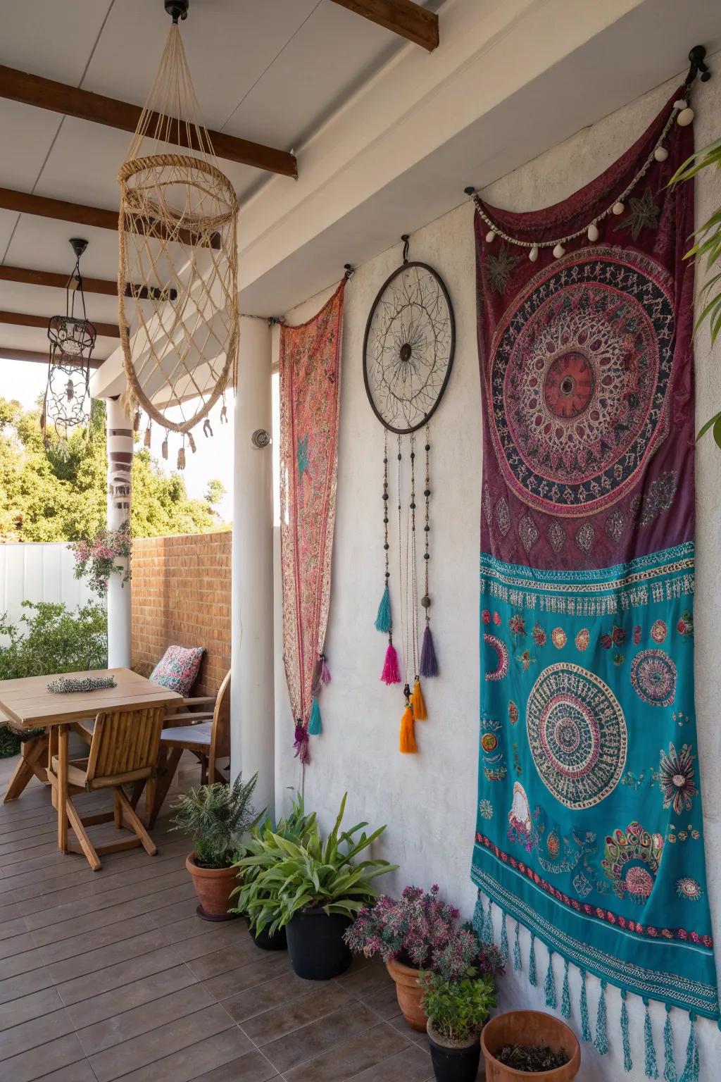 Decorative accents like dreamcatchers add artistic flair to the patio.
