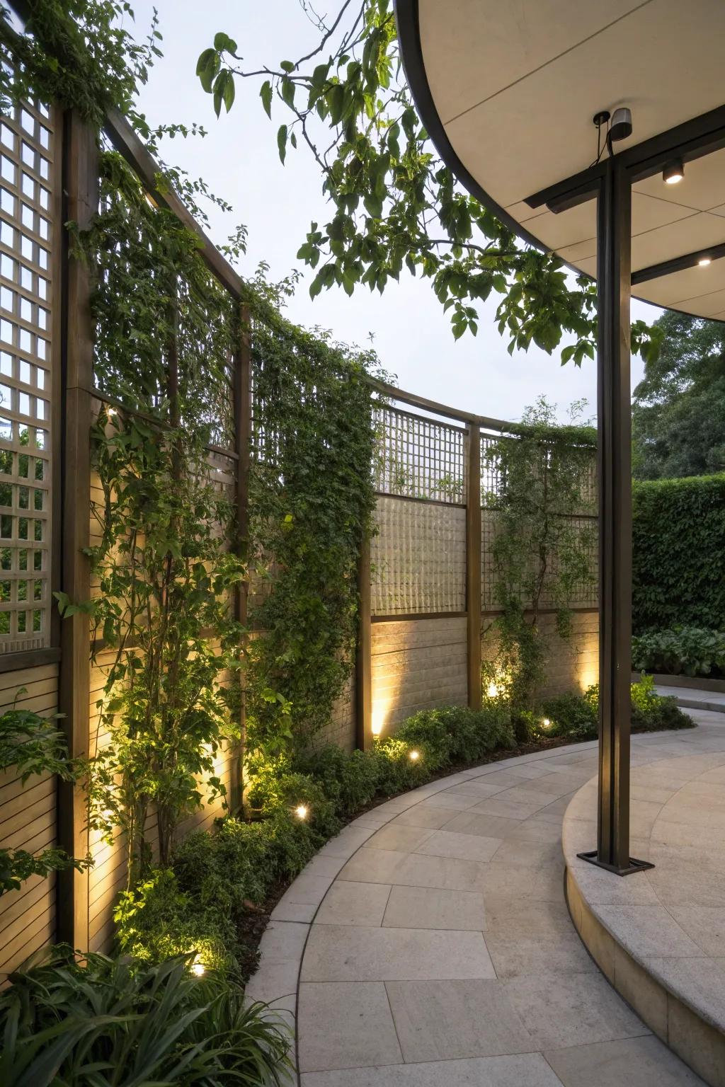 Privacy screens with climbing plants add intimacy to this half-moon patio