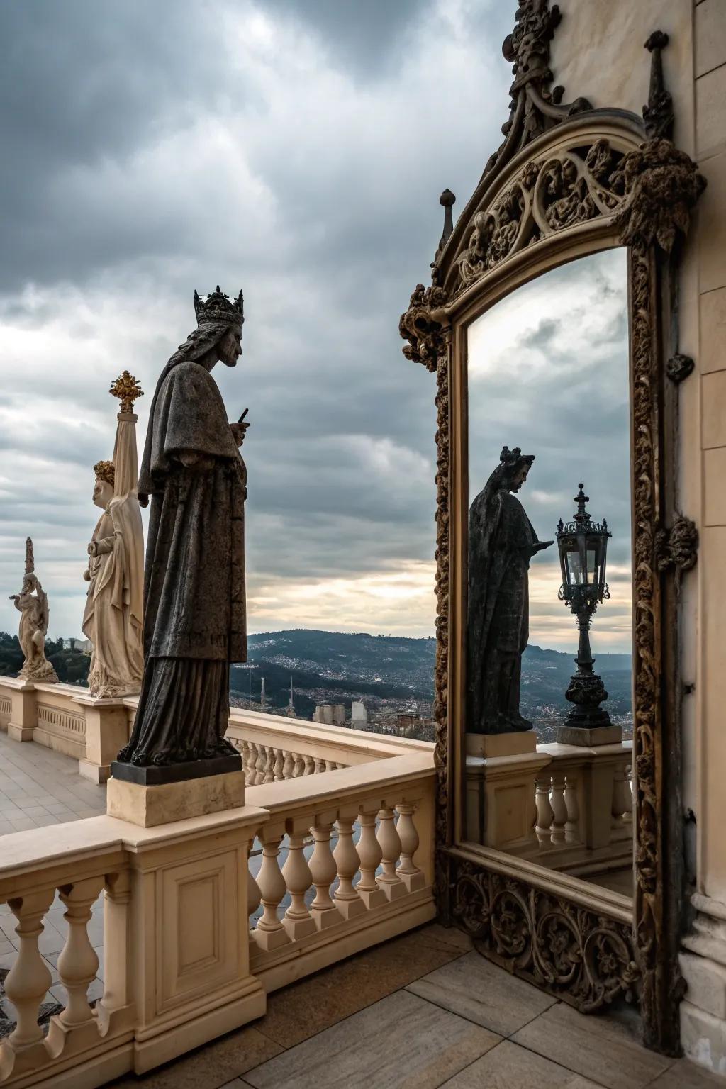 Invoke gothic elegance with statues and mirrors.