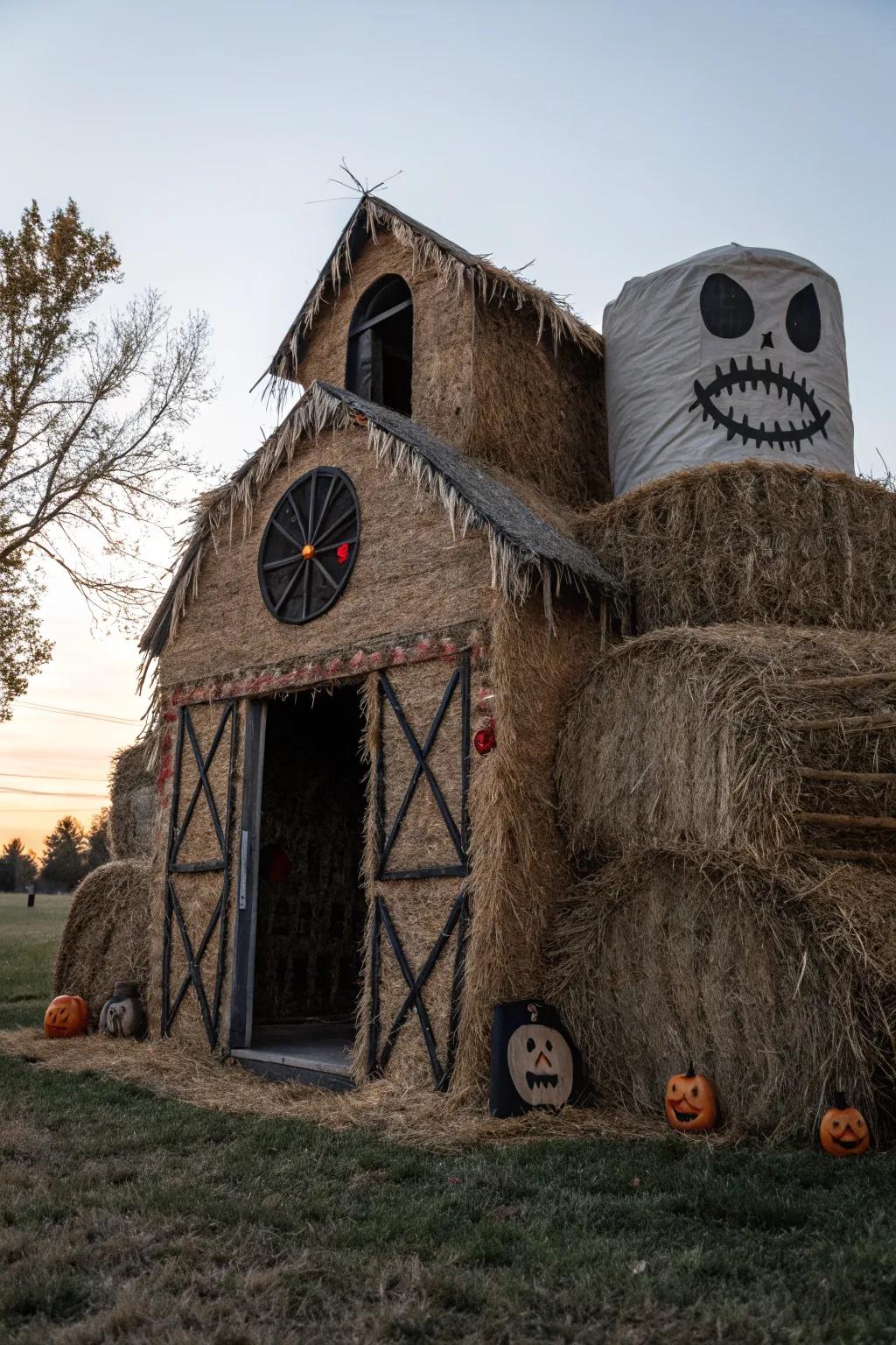 Create a mini haunted house with your hay bale for an eerie effect.